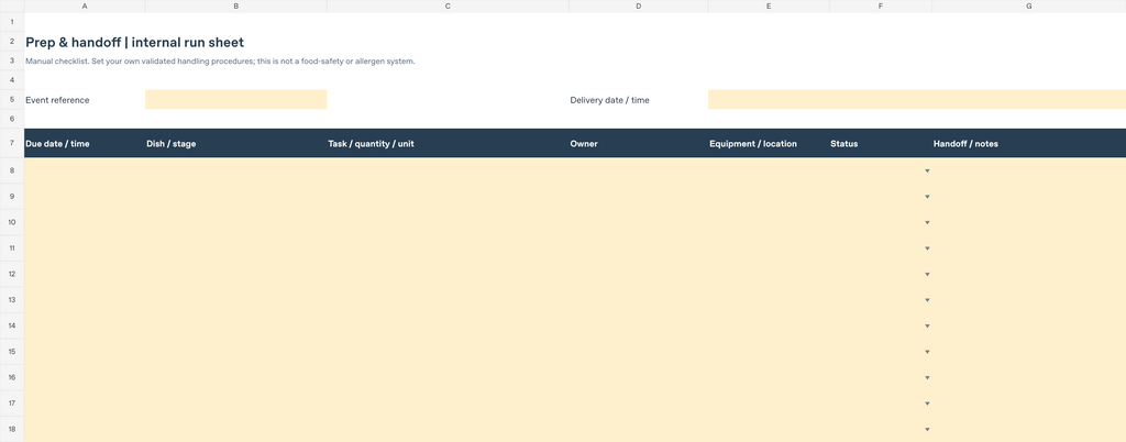Blank manual prep and handoff worksheet for task timings, owners, equipment, status and notes
