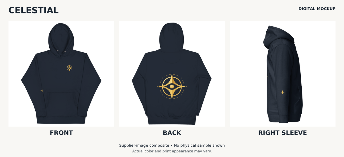 Celestial Compass Hoodie digital mockup: front chest emblem, celestial back artwork and lower right-sleeve star.