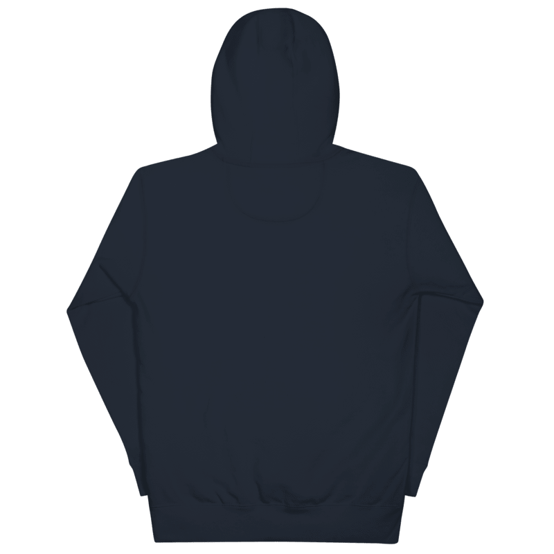 Digital design mockup, not a manufactured sample. Navy Blazer hoodie, blank back view.