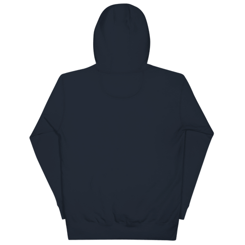 Printful design mockup, not a manufactured sample. Navy Blazer Cotton Heritage M2580 hoodie, blank back view; template 108322693.