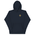 Digital design mockup, not a manufactured sample. Navy Blazer hoodie, front view with gold compass-eye chest emblem.