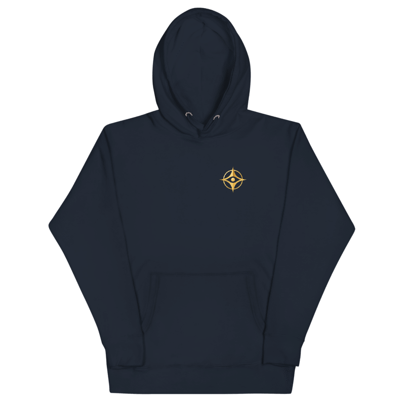 Printful design mockup, not a manufactured sample. Navy Blazer Cotton Heritage M2580 hoodie, front view with gold compass-eye chest emblem; template 108322693.