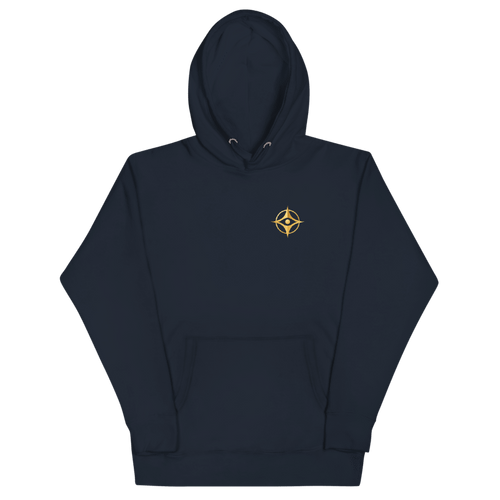 Printful design mockup, not a manufactured sample. Navy Blazer Cotton Heritage M2580 hoodie, front view with gold compass-eye chest emblem; template 108322693.