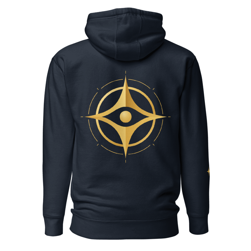 Printful design mockup, not a manufactured sample. Navy Blazer Cotton Heritage M2580 hoodie with hood down, showing the raised 11.75 × 11.75-inch gold-tone celestial back artwork below the hood.
