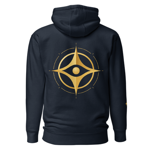 Printful design mockup, not a manufactured sample. Navy Blazer Cotton Heritage M2580 hoodie with hood down, showing the raised 11.75 × 11.75-inch gold-tone celestial back artwork below the hood.
