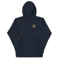 Digital design mockup, not a manufactured sample. Navy Blazer hoodie, front view with gold compass-eye chest emblem.