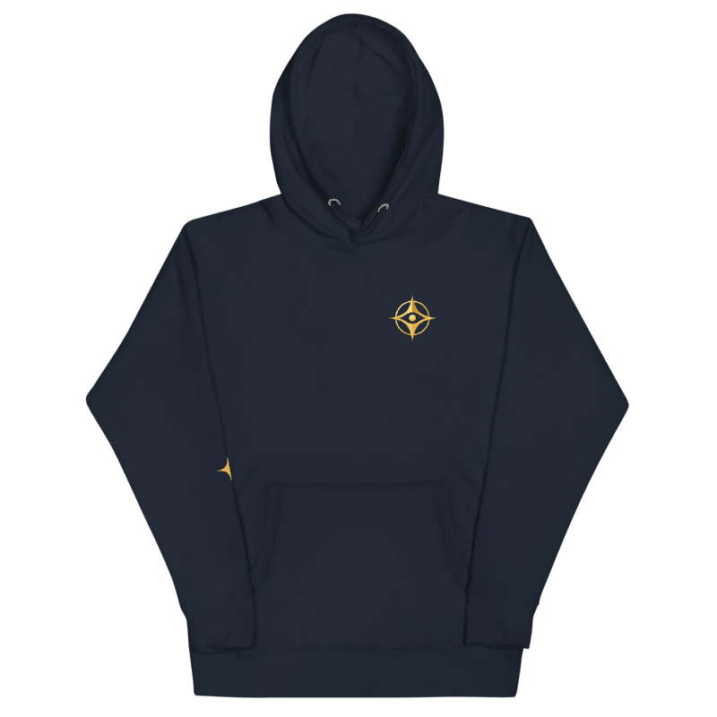 Printful design mockup, not a manufactured sample. Navy Blazer Cotton Heritage M2580 hoodie, front view with gold compass-eye chest emblem; template 108289917.