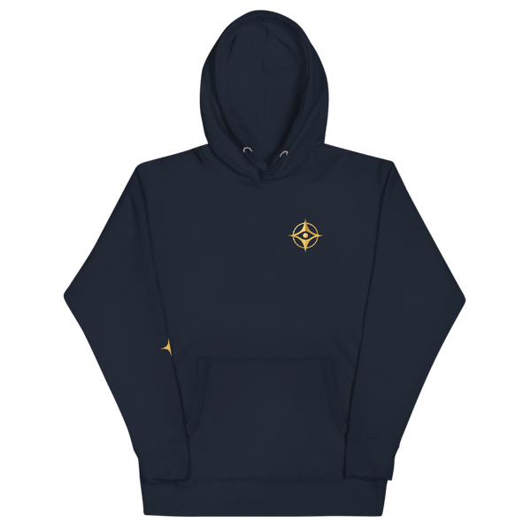 Digital design mockup, not a manufactured sample. Navy Blazer hoodie, front view with gold compass-eye chest emblem.