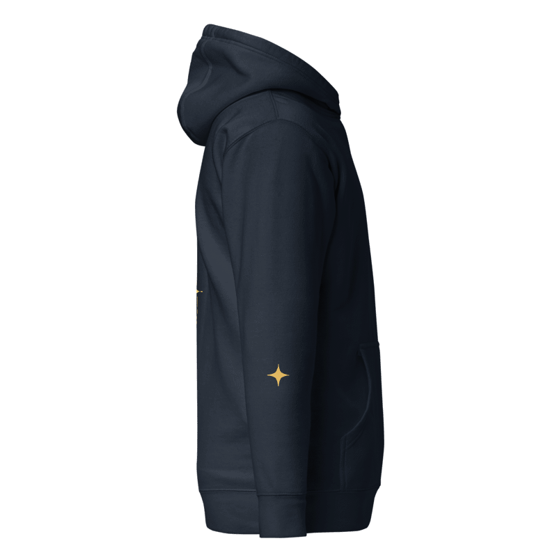 Digital design mockup, not a manufactured sample. Navy Blazer hoodie, right-side view with gold star on lower sleeve.