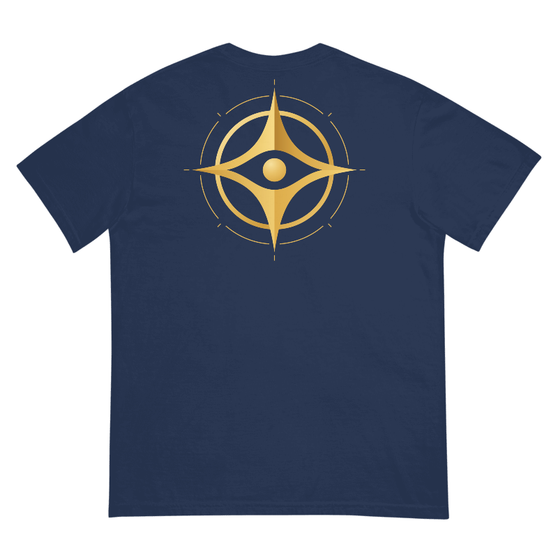 Printful design mockup, not a manufactured sample. True Navy Comfort Colors 1717 tee, back view with gold celestial artwork; template 108323309.