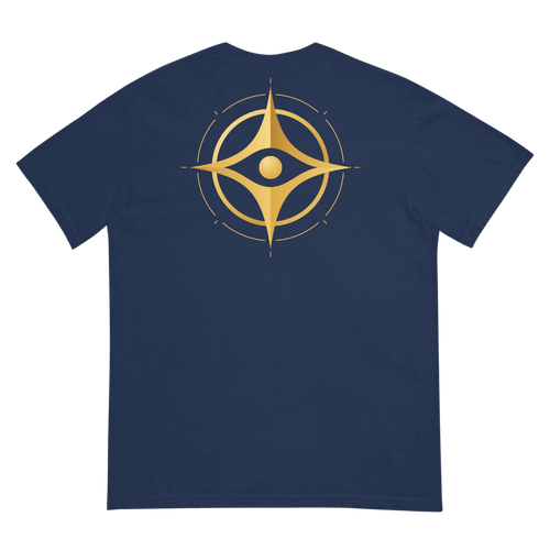 Printful design mockup, not a manufactured sample. True Navy Comfort Colors 1717 tee, back view with gold celestial artwork; template 108323309.