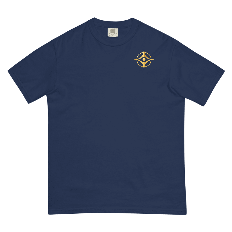 Printful design mockup, not a manufactured sample. True Navy Comfort Colors 1717 tee, front view with gold compass-eye chest emblem; template 108323309.