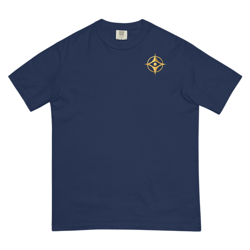 Printful design mockup, not a manufactured sample. True Navy Comfort Colors 1717 tee, front view with gold compass-eye chest emblem; template 108323309.