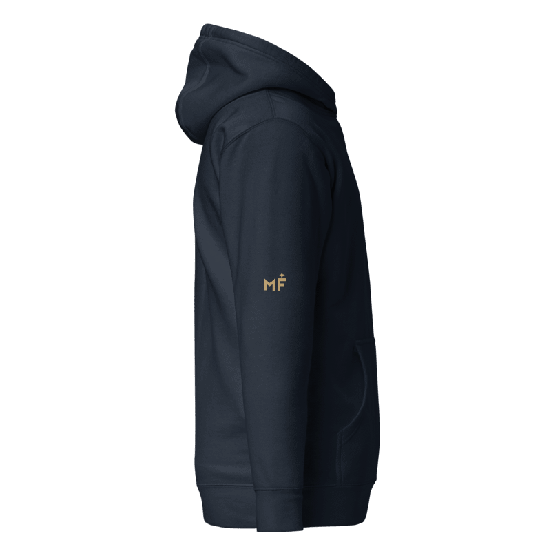 Digital design mockup of Compass-Eye navy hoodie right sleeve with a small gold-color MF monogram and star. Not a manufactured sample.