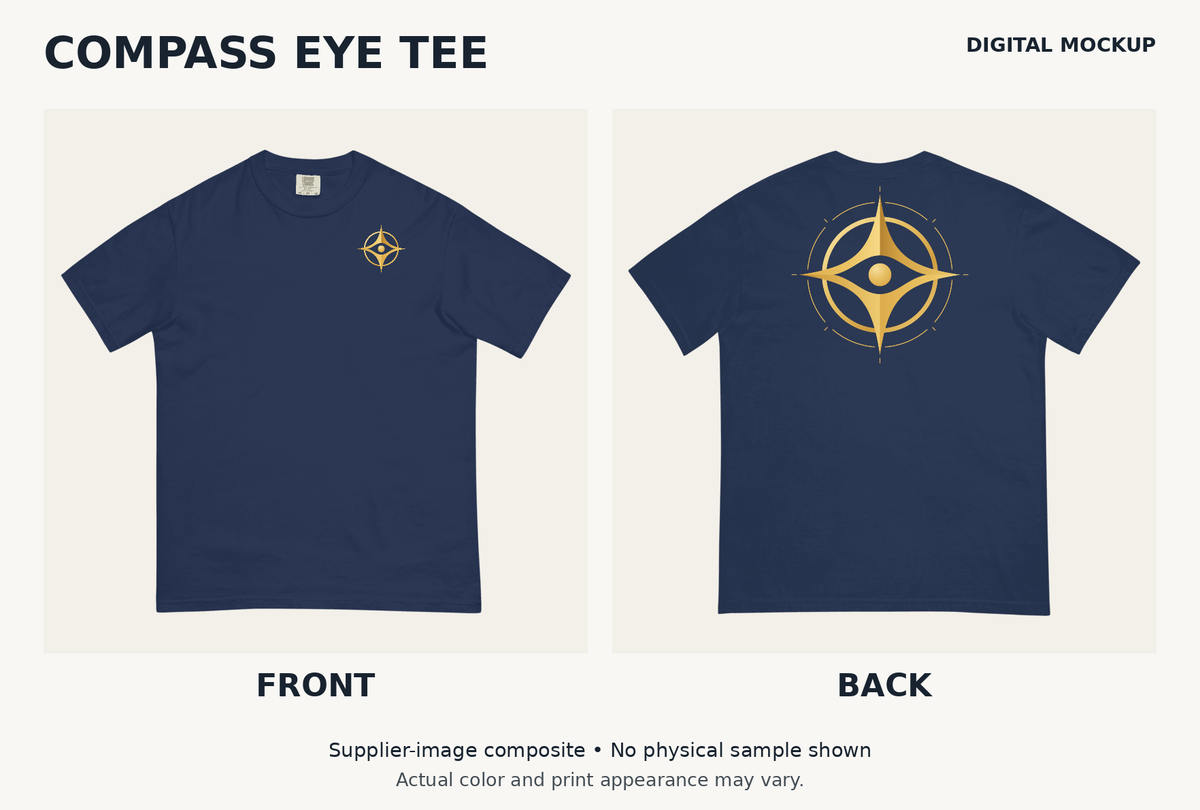 Compass-Eye Tee digital mockup: front chest emblem and celestial back artwork.