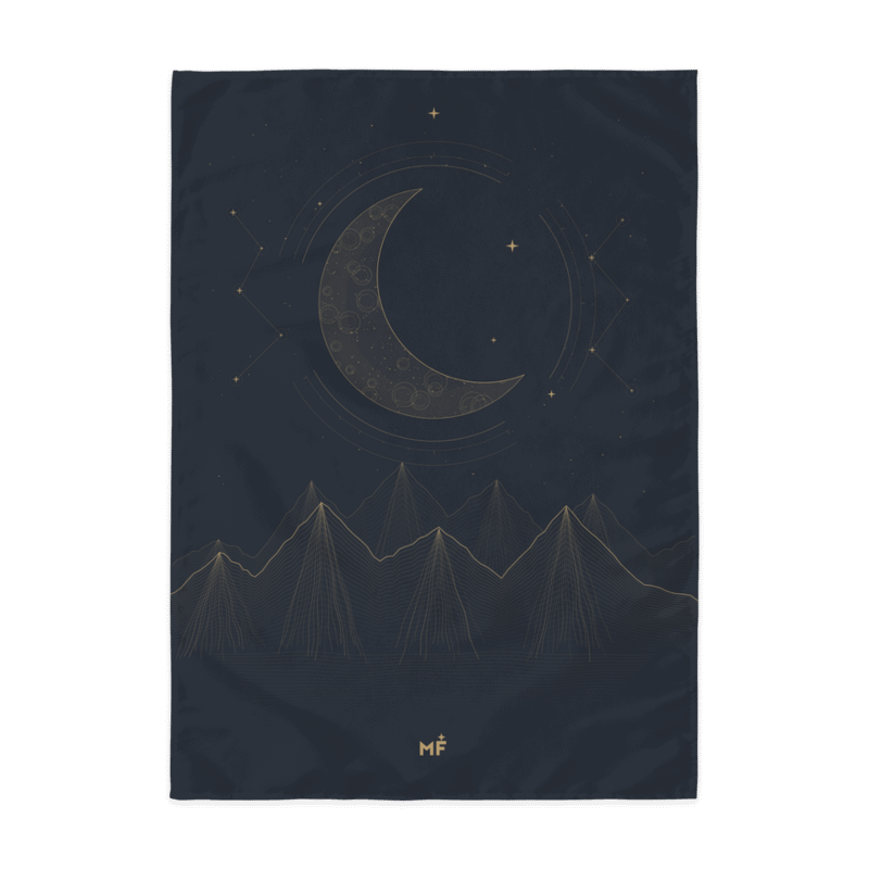 Digital preview, 26 by 36 inch celestial mountain tapestry with small MF emblem.