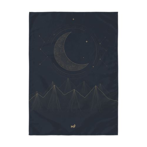 Digital preview, 26 by 36 inch celestial mountain tapestry with small MF emblem.