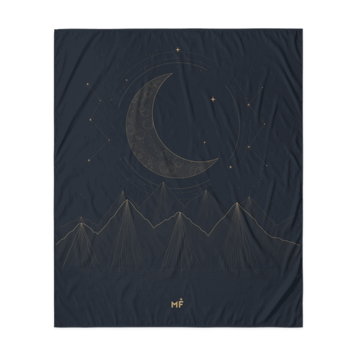 Digital preview, 50 by 60 inch celestial mountain tapestry with small MF emblem.