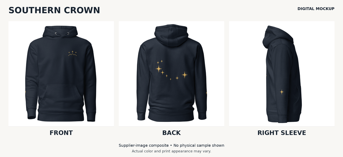 Southern Crown Hoodie digital mockup: mountain and three stars on front, eight-star back design and right-sleeve star.