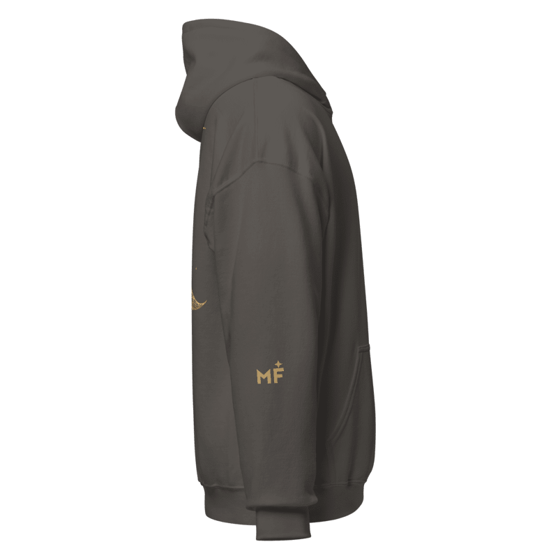 Digital design mockup of Umbra charcoal hoodie right sleeve with a small gold-color MF monogram and star above the cuff. Not a manufactured sample.
