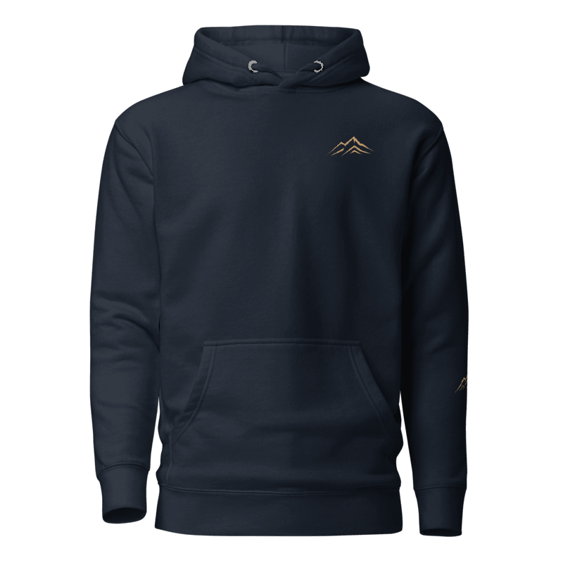 Printful mockup of Mare Navy Blazer hoodie front with left-chest mountain ridge print.