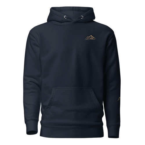 Printful mockup of Mare Navy Blazer hoodie front with left-chest mountain ridge print.