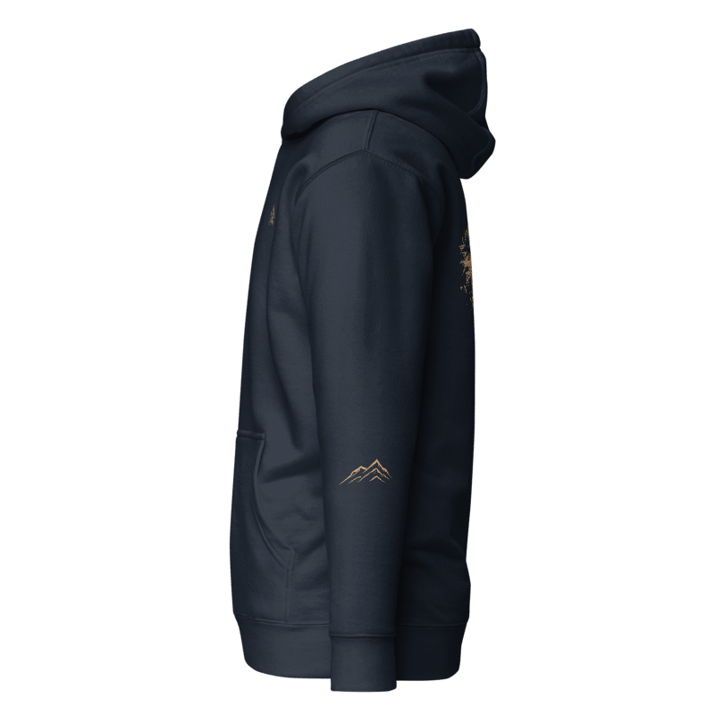 Printful mockup of Mare Navy Blazer hoodie left sleeve with muted-gold ridge artwork above the cuff.