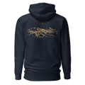 Digital mockup of Mare navy hoodie back with muted-gold lunar landscape and one star.