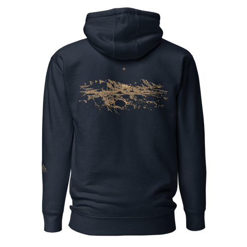 Printful mockup of Mare navy hoodie back with muted-gold lunar landscape and one star.