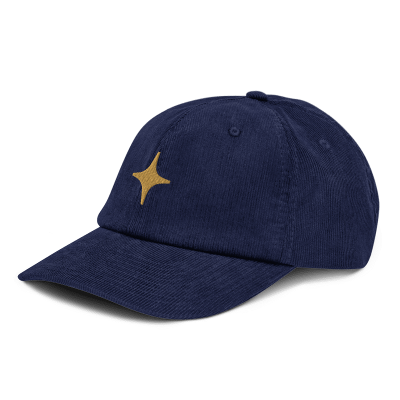 Digital angled mockup of the Southern Crown Oxford Navy corduroy hat showing the curved visor and Old Gold star. Digital mockup, not a sample photograph.