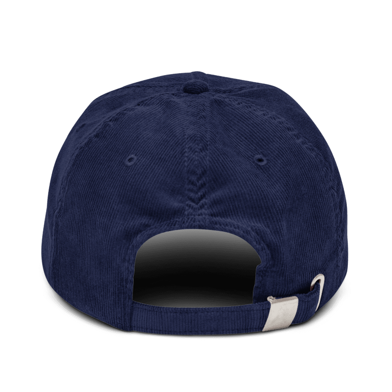 Printful-generated rear mockup of the Oxford Navy Beechfield B682 corduroy hat showing its adjustable strap and metal buckle. Digital mockup, not a sample photograph.