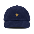Digital front mockup of Southern Crown on an Oxford Navy corduroy hat with a centered Old Gold four-point star. Digital mockup, not a sample photograph.