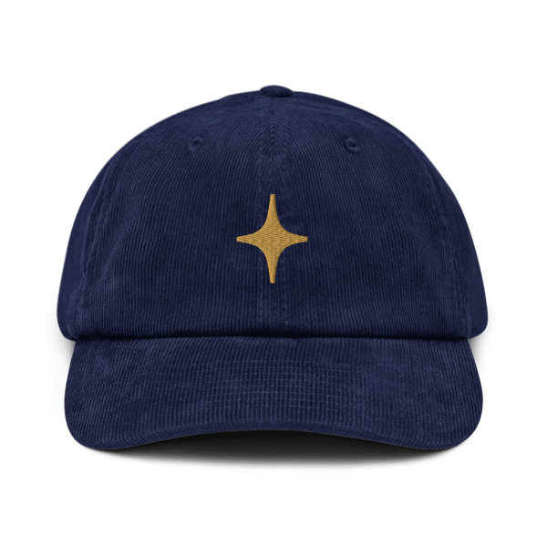 Digital front mockup of Southern Crown on an Oxford Navy corduroy hat with a centered Old Gold four-point star. Digital mockup, not a sample photograph.