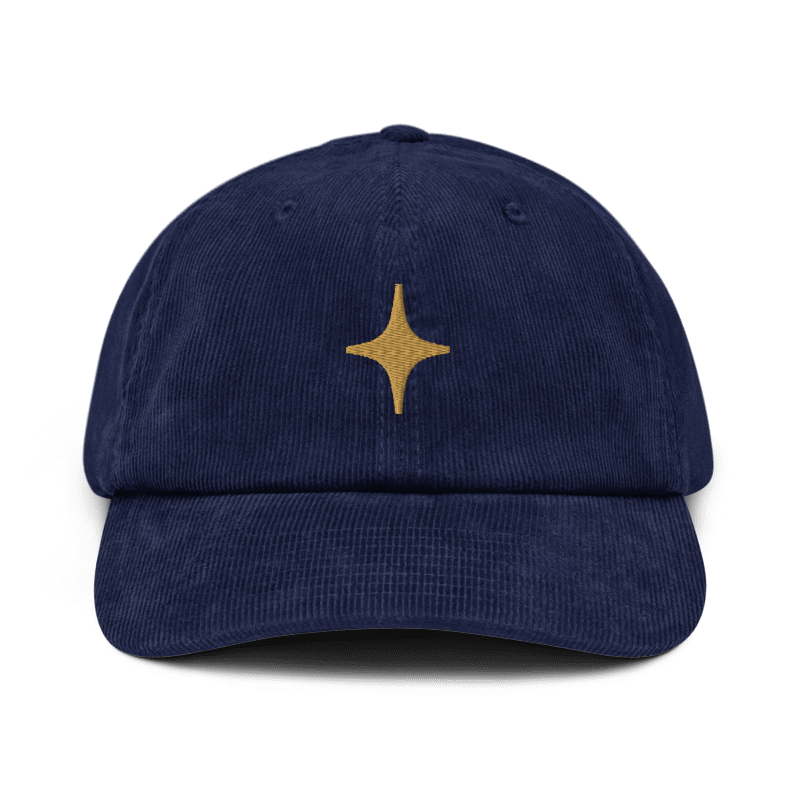 Printful-generated front mockup of Southern Crown on an Oxford Navy Beechfield B682 corduroy hat with a centered Old Gold four-point star. Digital mockup, not a sample photograph.