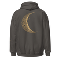 Printful mockup of Umbra charcoal hoodie back with carved-look crescent and two stars.