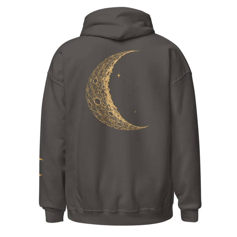 Printful mockup of Umbra charcoal hoodie back with carved-look crescent and two stars.