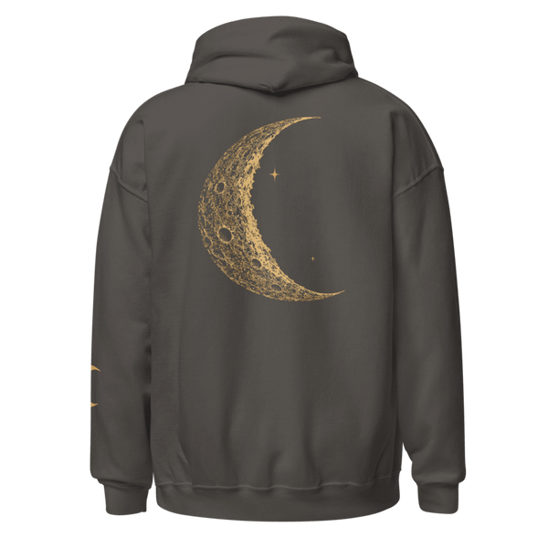 Digital mockup of Umbra charcoal hoodie back with carved-look crescent and two stars.