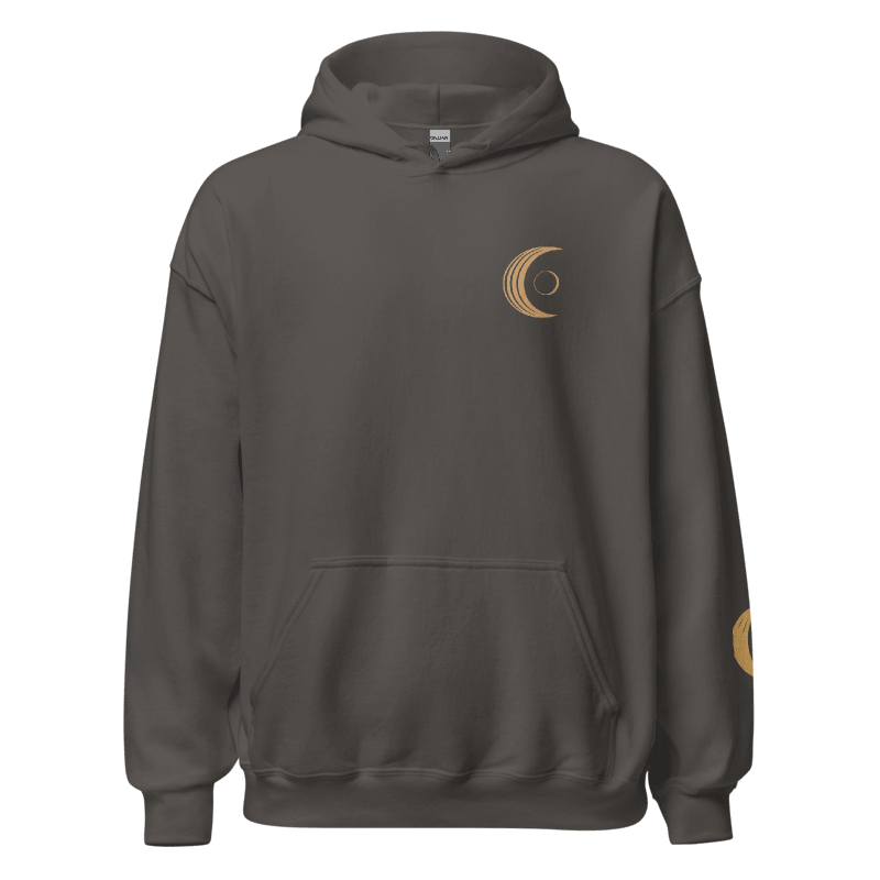 Printful mockup of Umbra charcoal hoodie front with nested lunar-disc left-chest print.