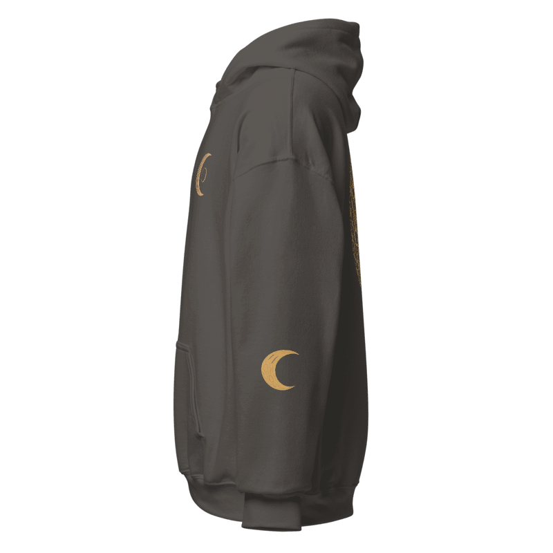 Printful mockup of Umbra charcoal hoodie left sleeve with carved-look crescent above the cuff.