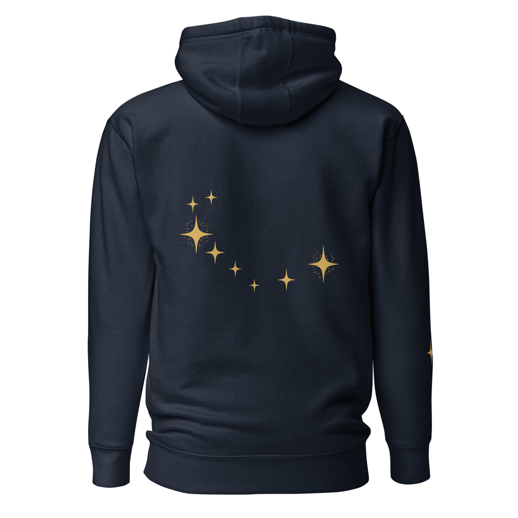 Supplier mockup of Southern Crown navy hoodie, back with a curved trail of gold-color stars. Not a sample photo.