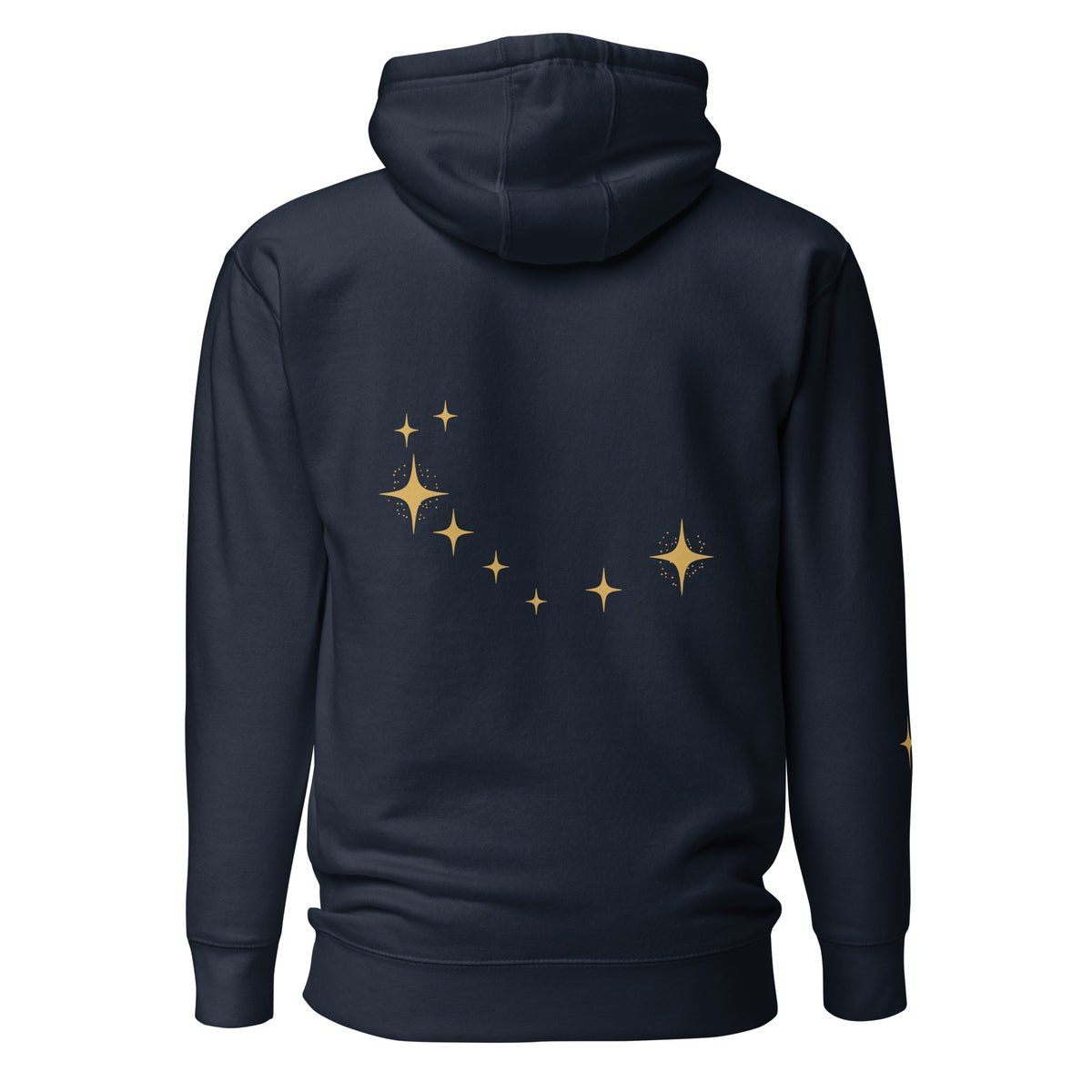 Supplier mockup of Southern Crown navy hoodie, back with a curved trail of gold-color stars. Not a sample photo.
