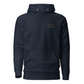 Supplier mockup of Southern Crown navy hoodie, front with gold-color stars and mountain chest emblem. Not a sample photo.