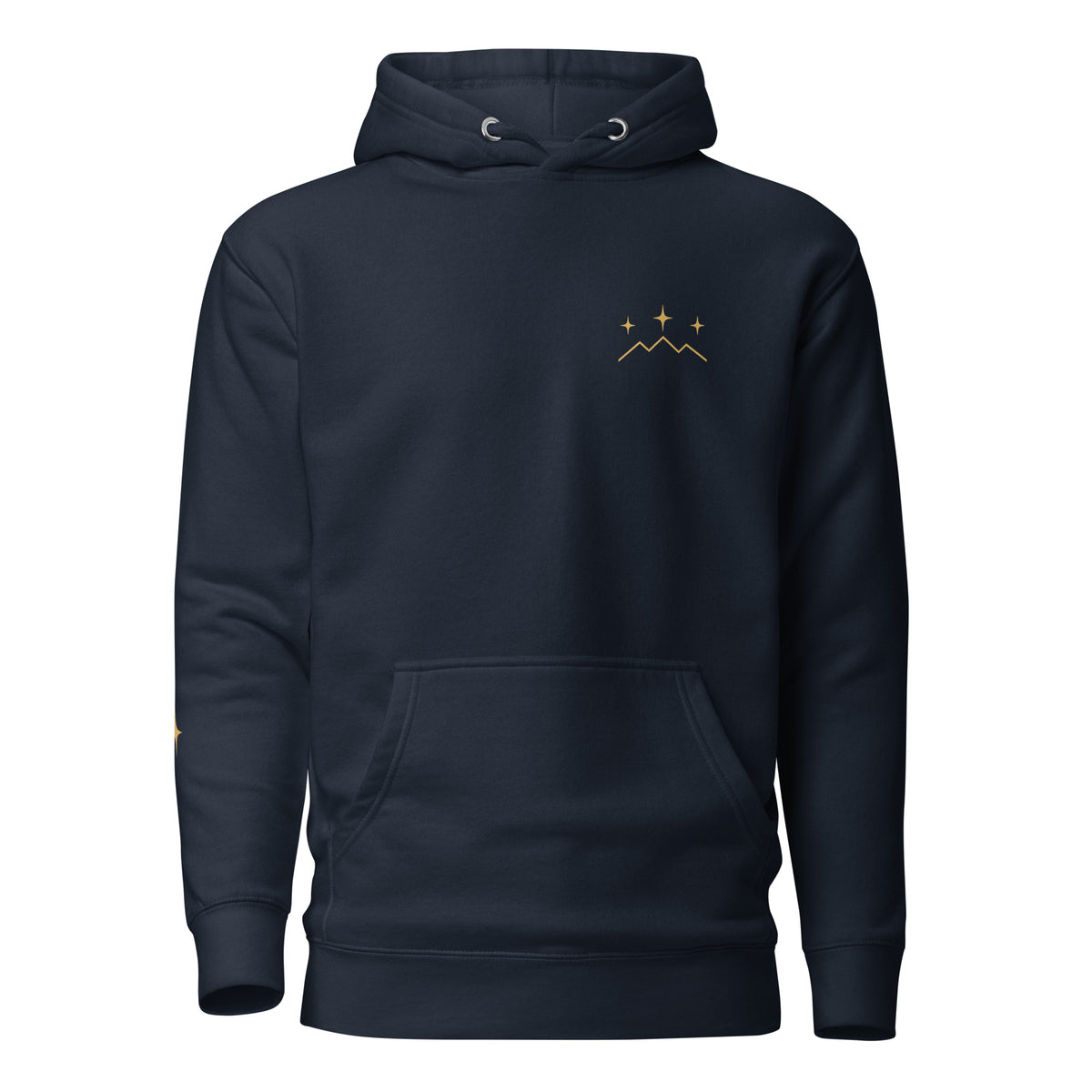 Supplier mockup of Southern Crown navy hoodie, front with gold-color stars and mountain chest emblem. Not a sample photo.