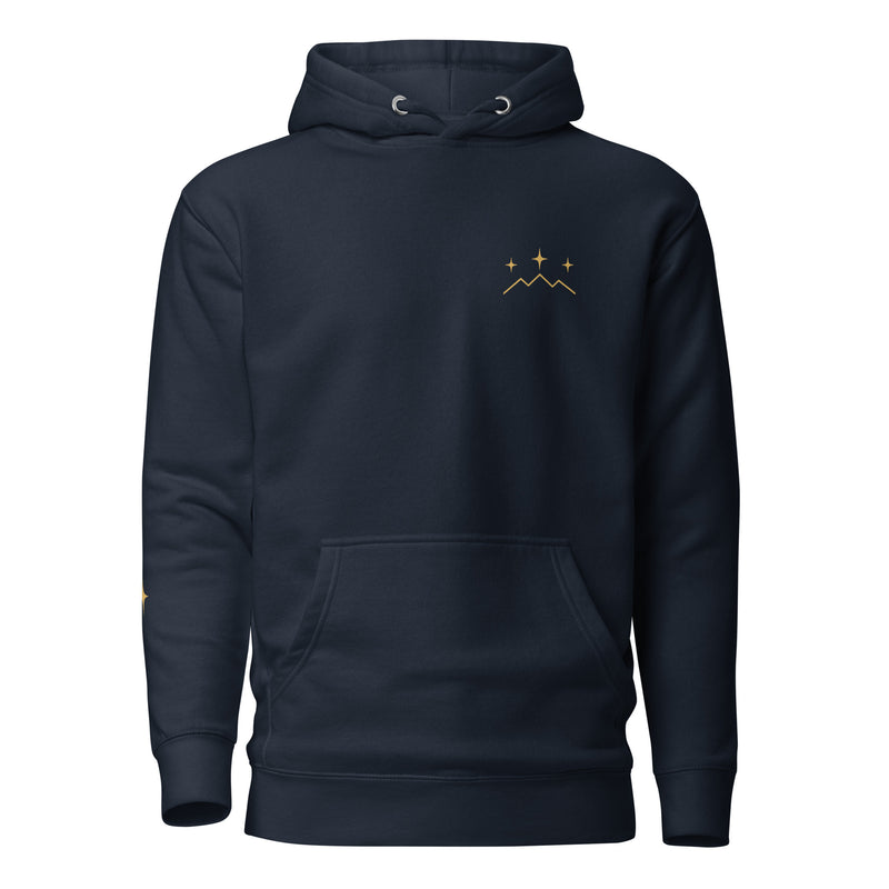 Supplier mockup of Southern Crown navy hoodie, front with gold-color stars and mountain chest emblem. Not a sample photo.