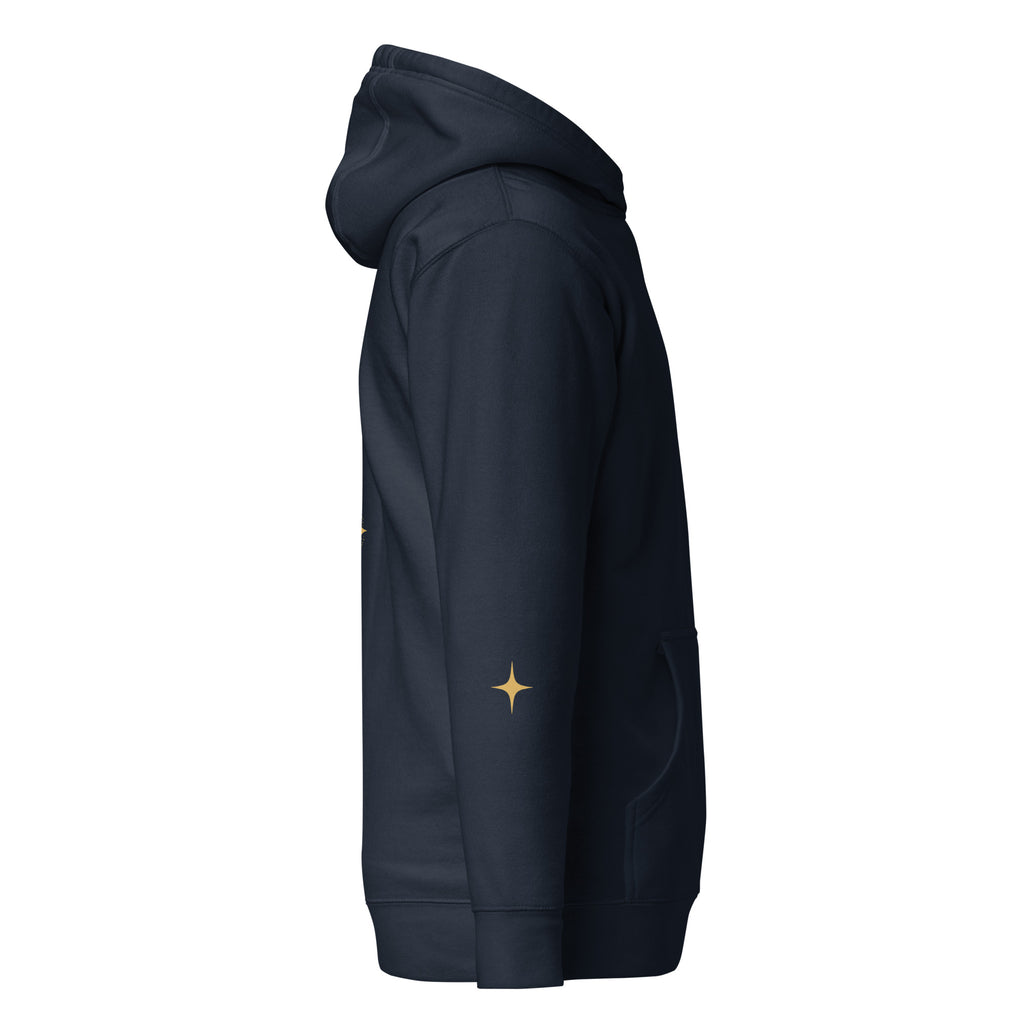 Supplier mockup of Southern Crown navy hoodie, right side with a gold-color four-point sleeve star. Not a sample photo.