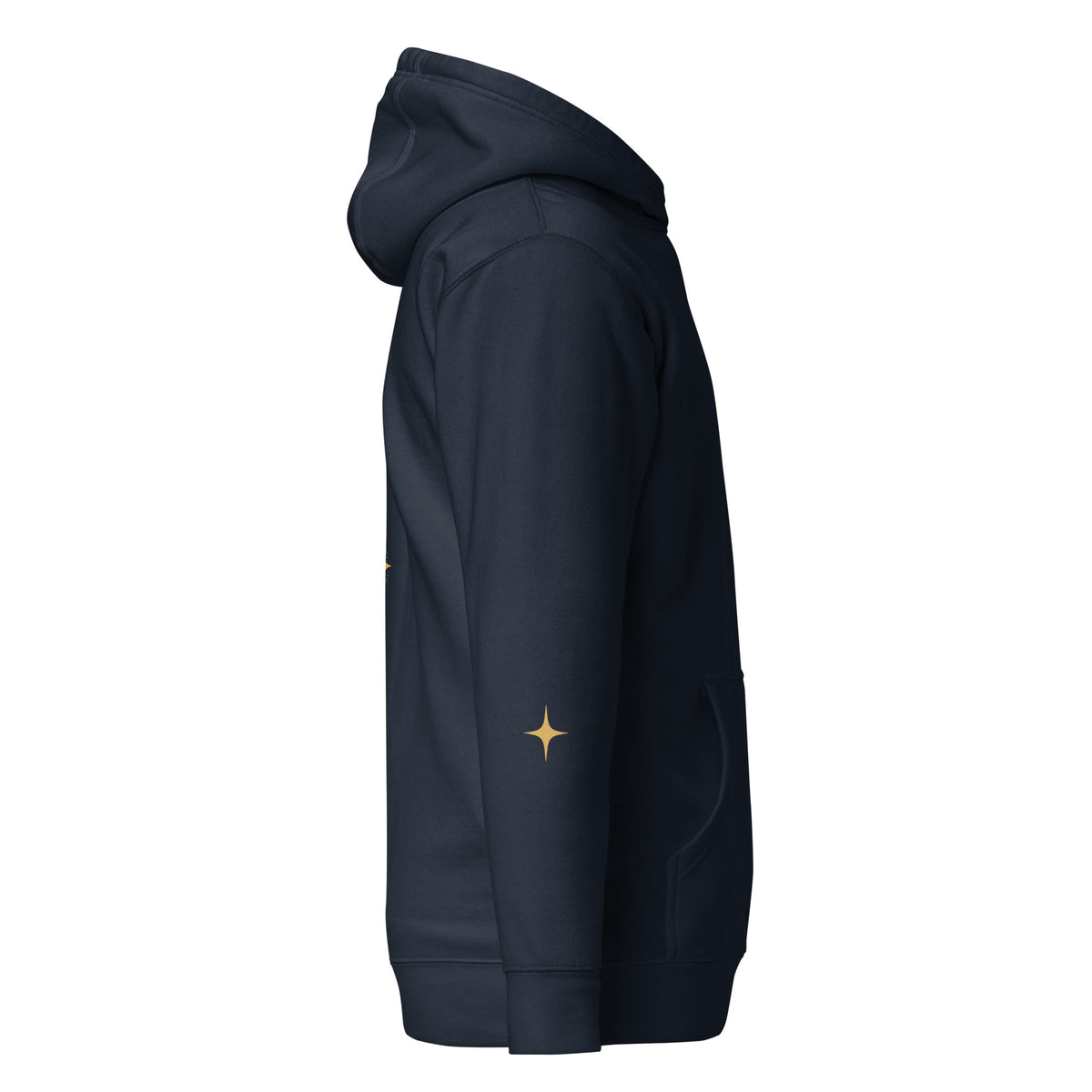 Supplier mockup of Southern Crown navy hoodie, right side with a gold-color four-point sleeve star. Not a sample photo.
